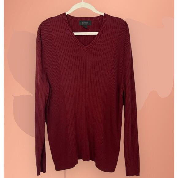 Y2K Express Women’s XL Burgundy Ribbed V-Neck Boyfriend Sweater - Picture 2 of 8